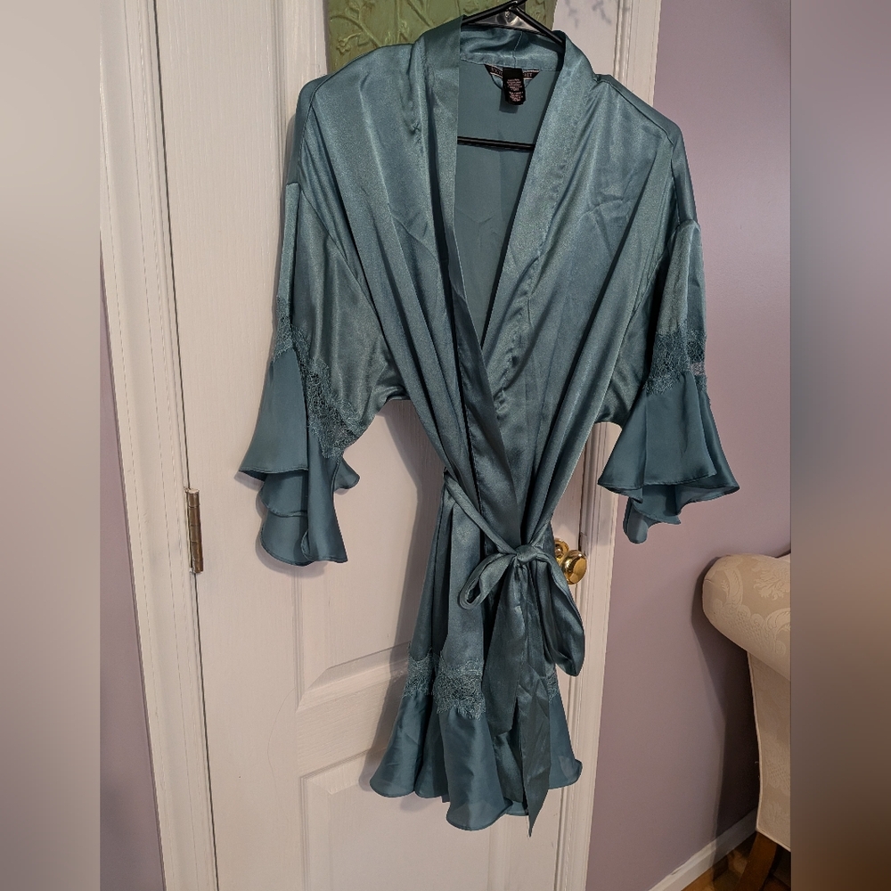 Victoria's Secret Teal Satin Ruffle Sleeve Wrap Robe